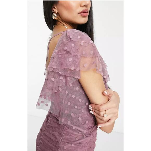 ASOS 4 purple textured mesh ruched ruffle cross back mini dress - Picture 7 of 8